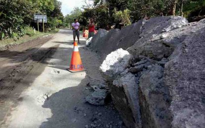 <p><strong>ROAD CRACKS.</strong> Growing cracks at a road section in Sogod, Southern Leyte prompted the DPWH to close the highway that links to Mindanao since March 14. <em>(Photo courtesy of DPWH Southern Leyte)</em></p>
